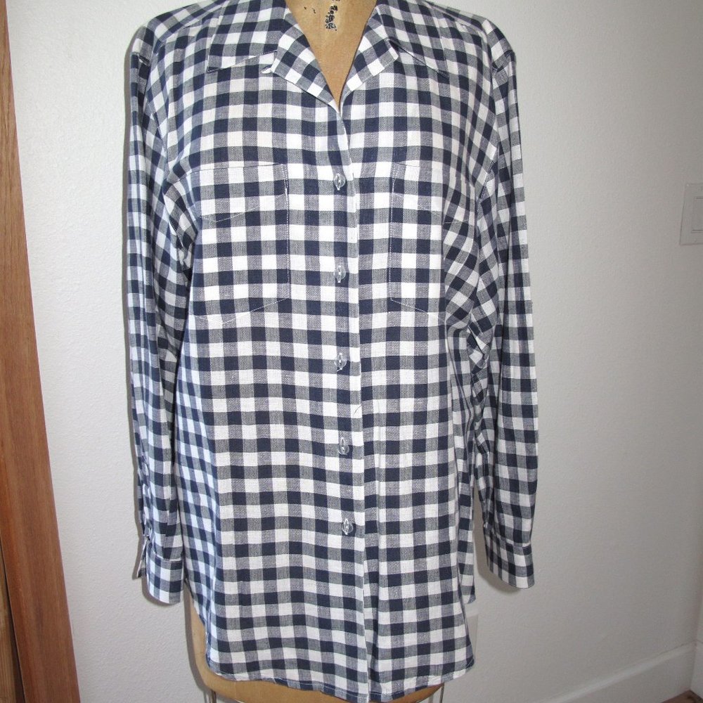 Talbots Navy Blue & White Check Button Front Shirt